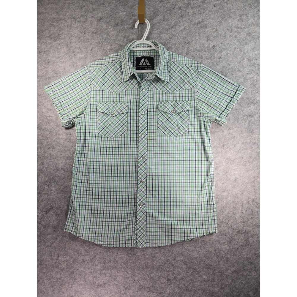 MASSIVE Western Pearl Snap Front Short Sleeve Shirt Green Blue Plaid Mens Large